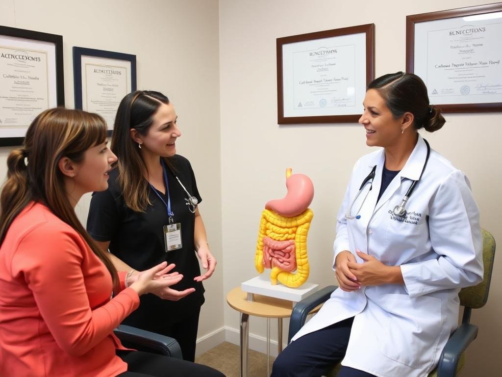 A certified colon hydrotherapist explaining the procedure to a client using anatomical models A certified colon hydrotherapist explaining the procedure to a client using anatomical models
