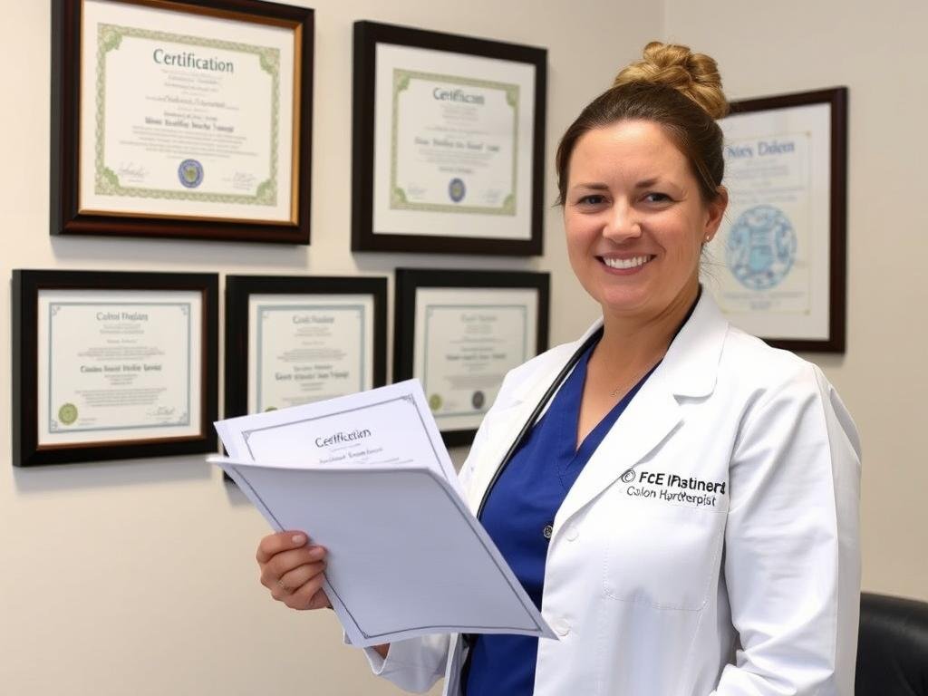 Certified colon hydrotherapist displaying professional credentials and certification Certified colon hydrotherapist displaying professional credentials and certification