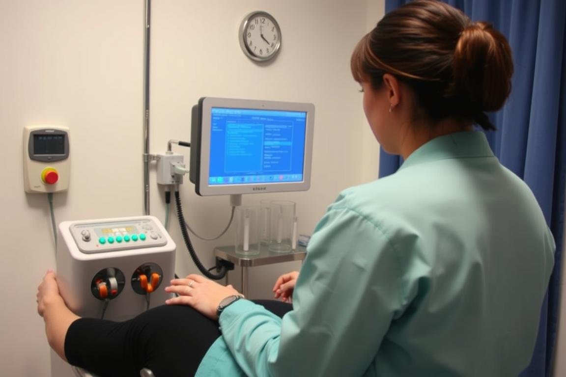 Certified colon hydrotherapist monitoring equipment during a session Certified colon hydrotherapist monitoring equipment during a session