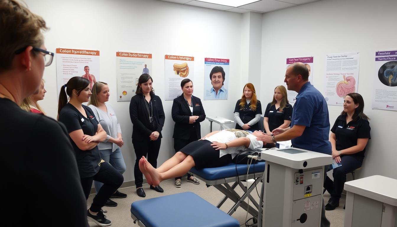 Certified colon hydrotherapist receiving hands-on training with specialized equipment Certified colon hydrotherapist receiving hands-on training with specialized equipment