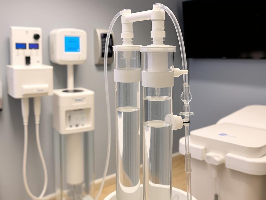 Colon hydrotherapy equipment showing modern, sanitary devices used by professionals Colon hydrotherapy equipment showing modern, sanitary devices used by professionals