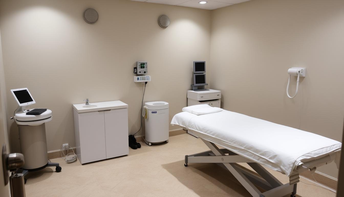 Colon hydrotherapy treatment room showing clean, private environment with specialized equipment Colon hydrotherapy treatment room showing clean, private environment with specialized equipment