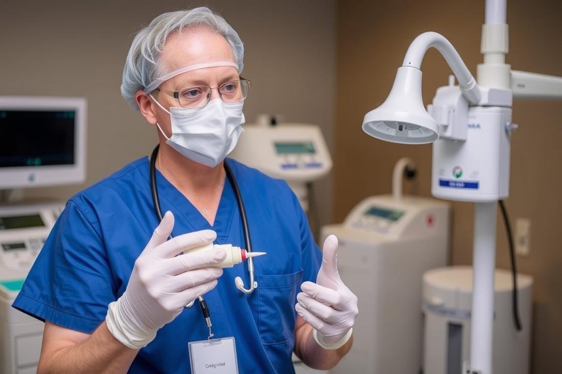 Colonic hygienist demonstrating safety protocols with equipment Colonic hygienist demonstrating safety protocols with equipment