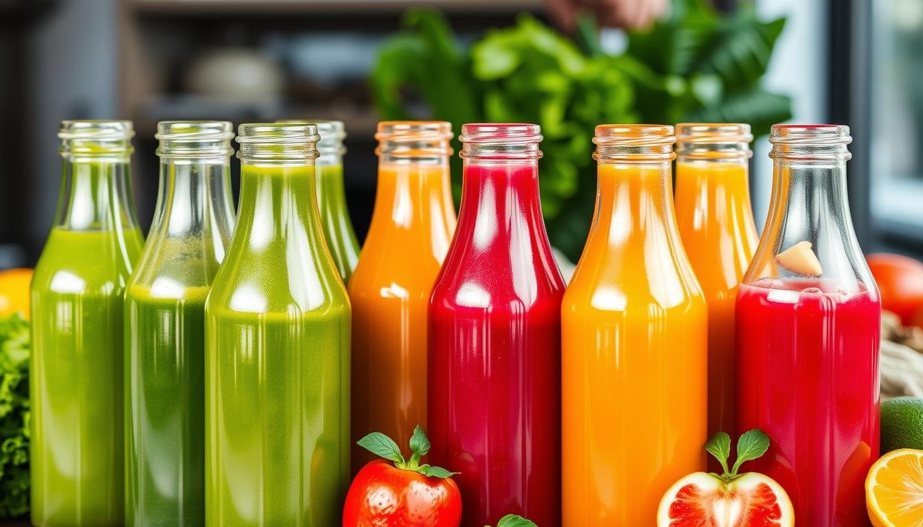 Colorful array of fresh juices used in a colon cleanse program