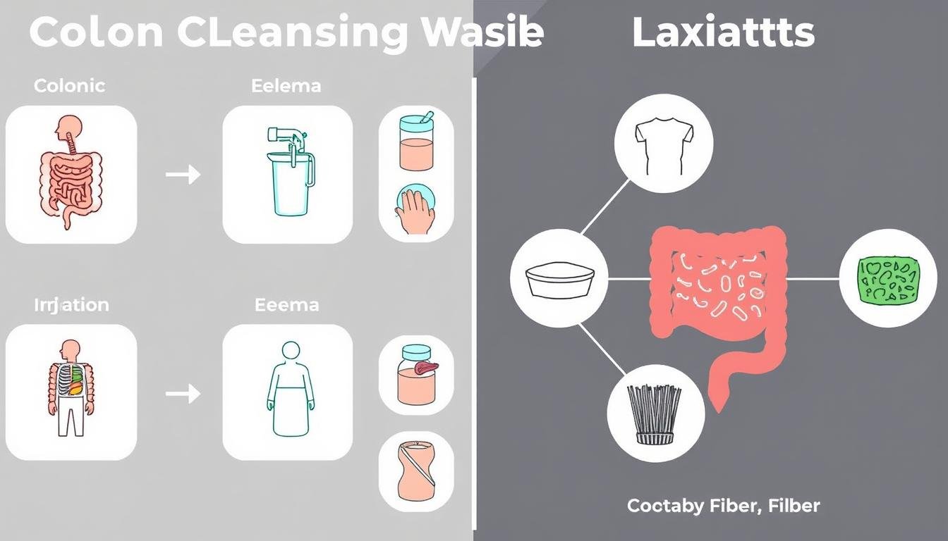 Comparison of different colon cleansing methods showing colonics, enemas, and dietary approaches Comparison of different colon cleansing methods showing colonics, enemas, and dietary approaches