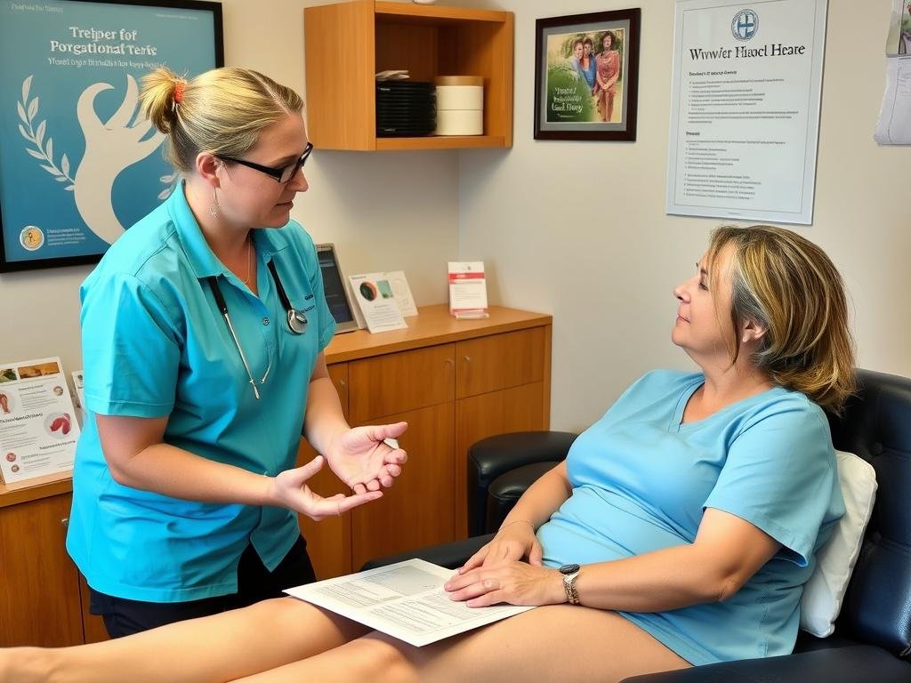 Consultation with colon hydrotherapist answering client questions Consultation with colon hydrotherapist answering client questions