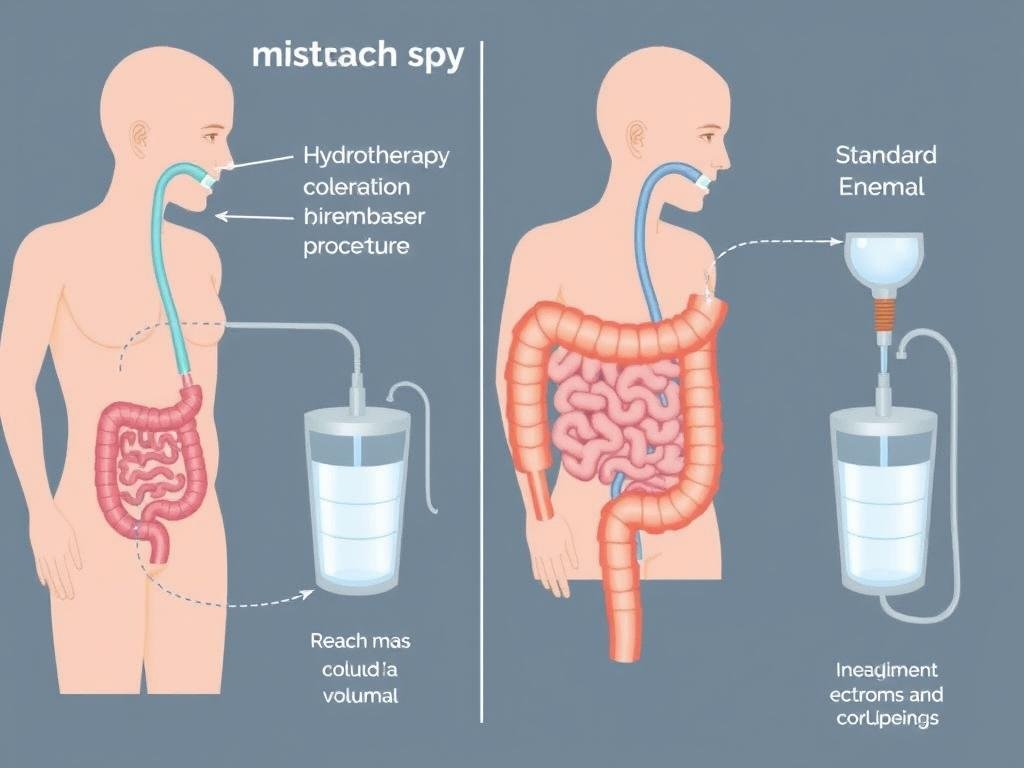 Diagram comparing colon hydrotherapy to standard enema procedure Diagram comparing colon hydrotherapy to standard enema procedure