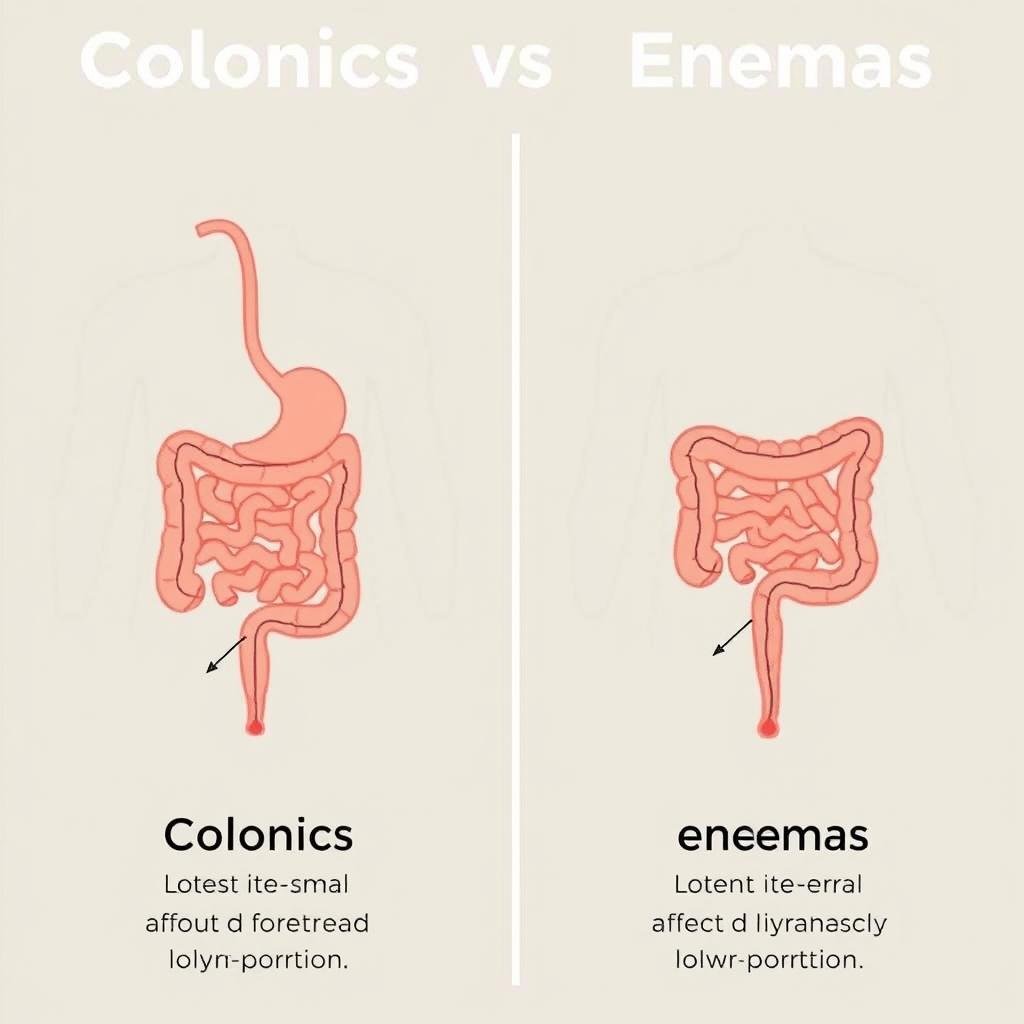 Diagram comparing colonics and enemas showing different areas of the colon affected Diagram comparing colonics and enemas showing different areas of the colon affected