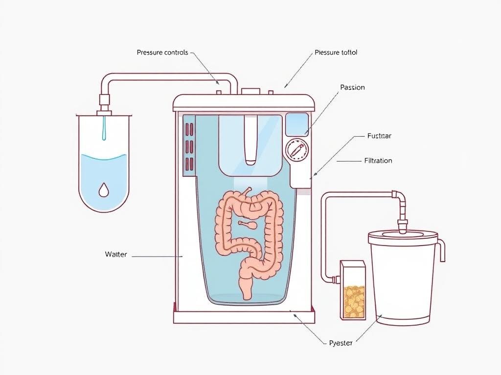 Diagram showing how a colonic machine works with water flow and waste removal system
