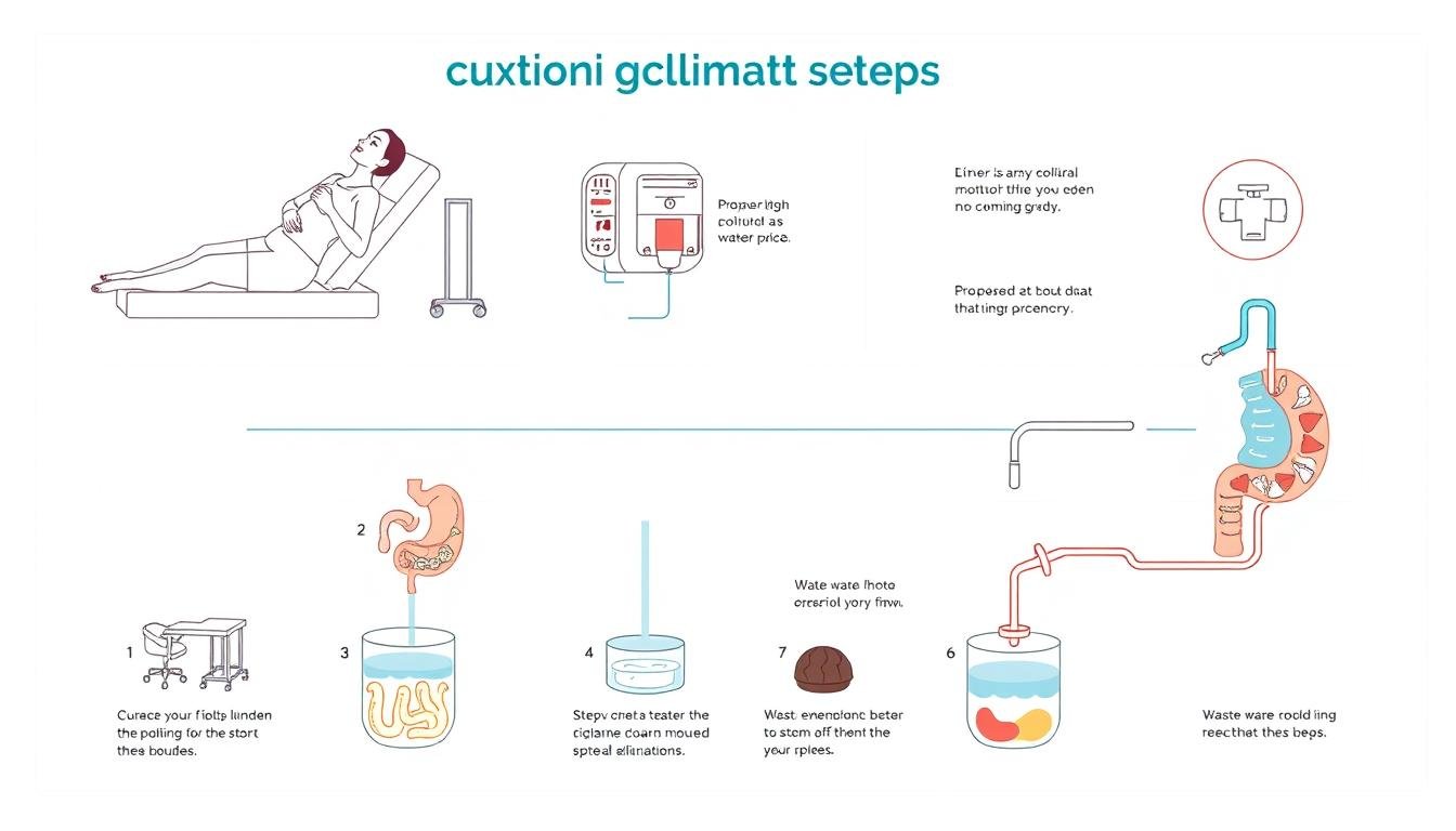 Diagram showing the step-by-step process of a colonic hydrotherapy session Diagram showing the step-by-step process of a colonic hydrotherapy session