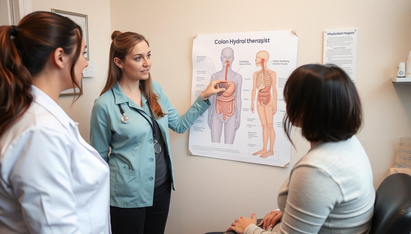 Educational session with a colon hydrotherapist answering client questions Educational session with a colon hydrotherapist answering client questions