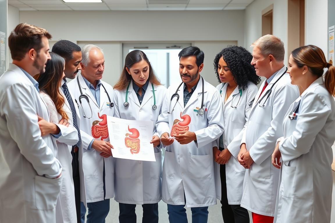 Group of medical professionals discussing digestive health treatments Group of medical professionals discussing digestive health treatments