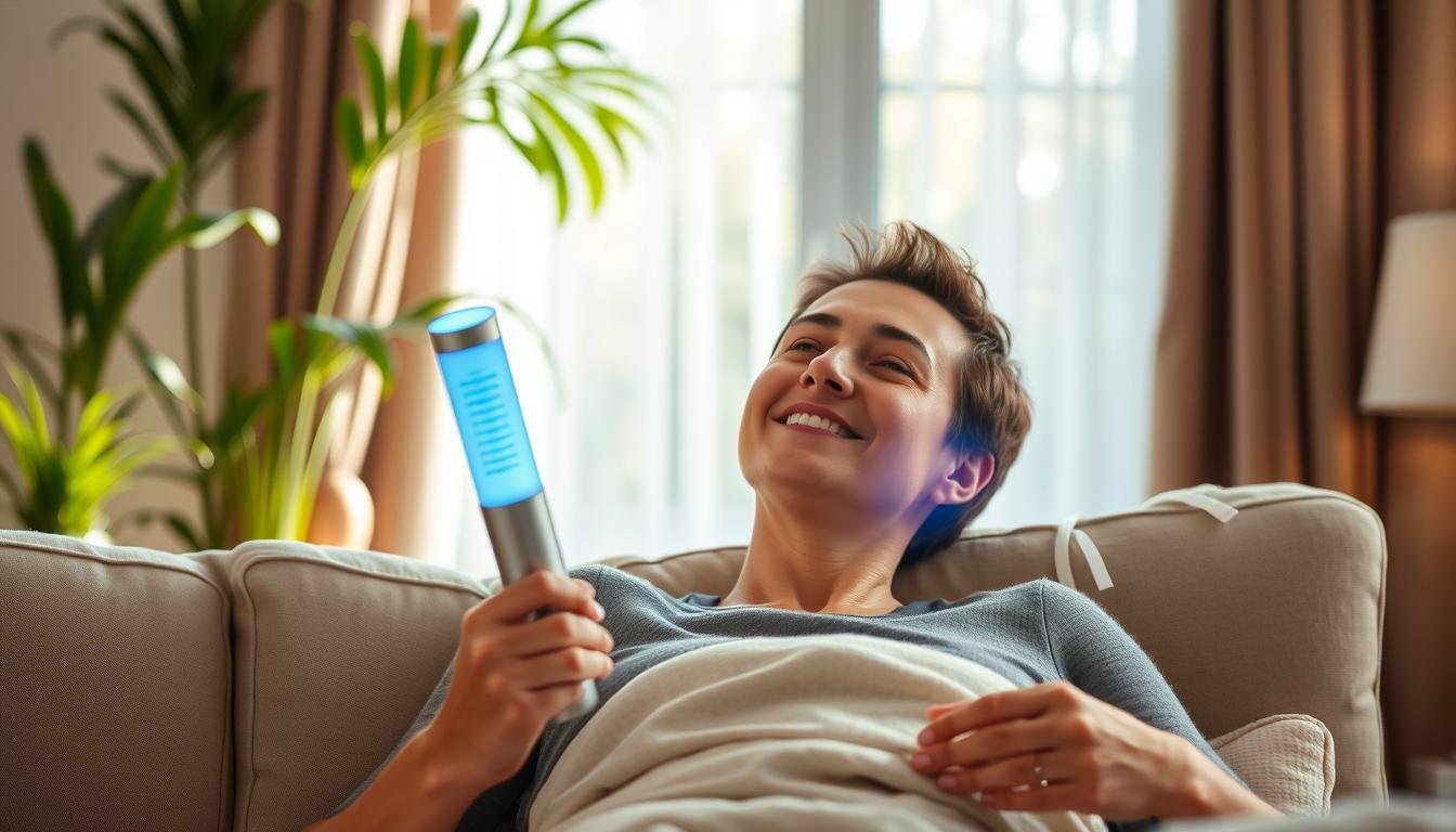 Happy customer using the Maikong Colon Hydrotherapy Device in home setting