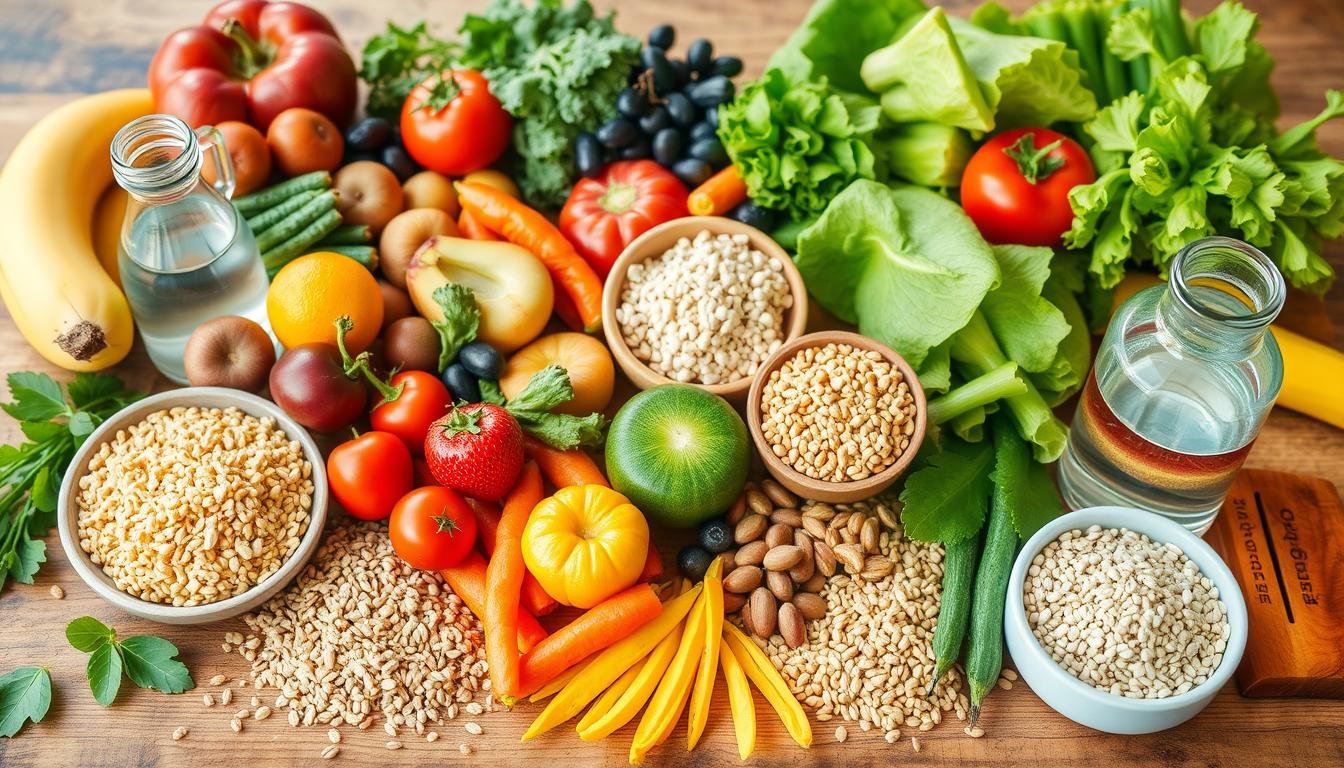 Healthy foods that promote natural colon health including fiber-rich fruits and vegetables Healthy foods that promote natural colon health including fiber-rich fruits and vegetables