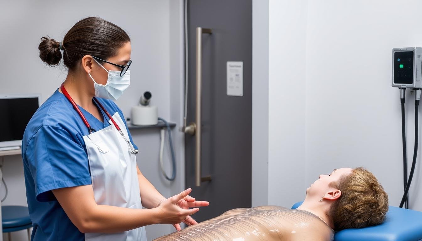 Hydrotherapist explaining safety protocols to client before treatment Hydrotherapist explaining safety protocols to client before treatment