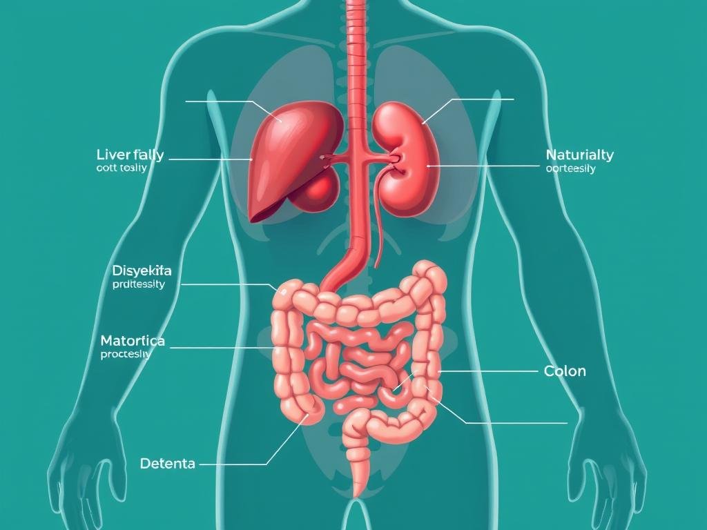 Illustration of the body's natural detoxification systems including liver, kidneys and colon Illustration of the body's natural detoxification systems including liver, kidneys and colon