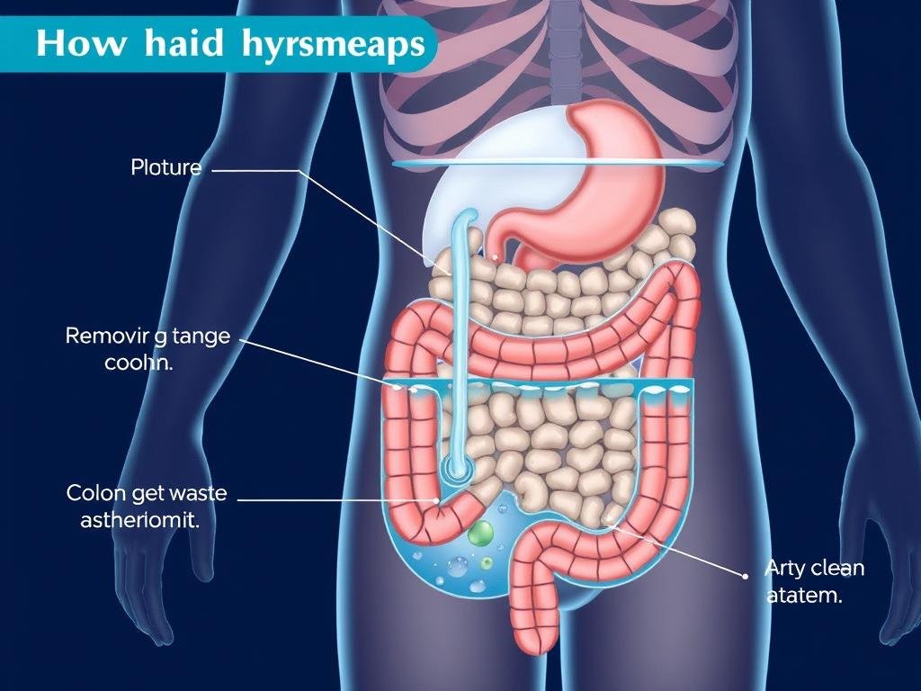 Illustration showing how colon hydrotherapy works with the Maikong device Illustration showing how colon hydrotherapy works with the Maikong device