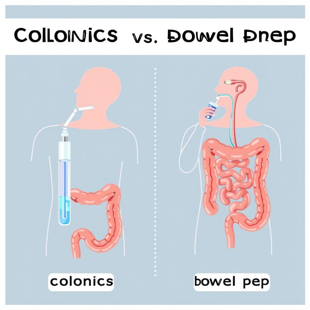 Medical illustration showing the difference between colonics and bowel prep procedures Medical illustration showing the difference between colonics and bowel prep procedures