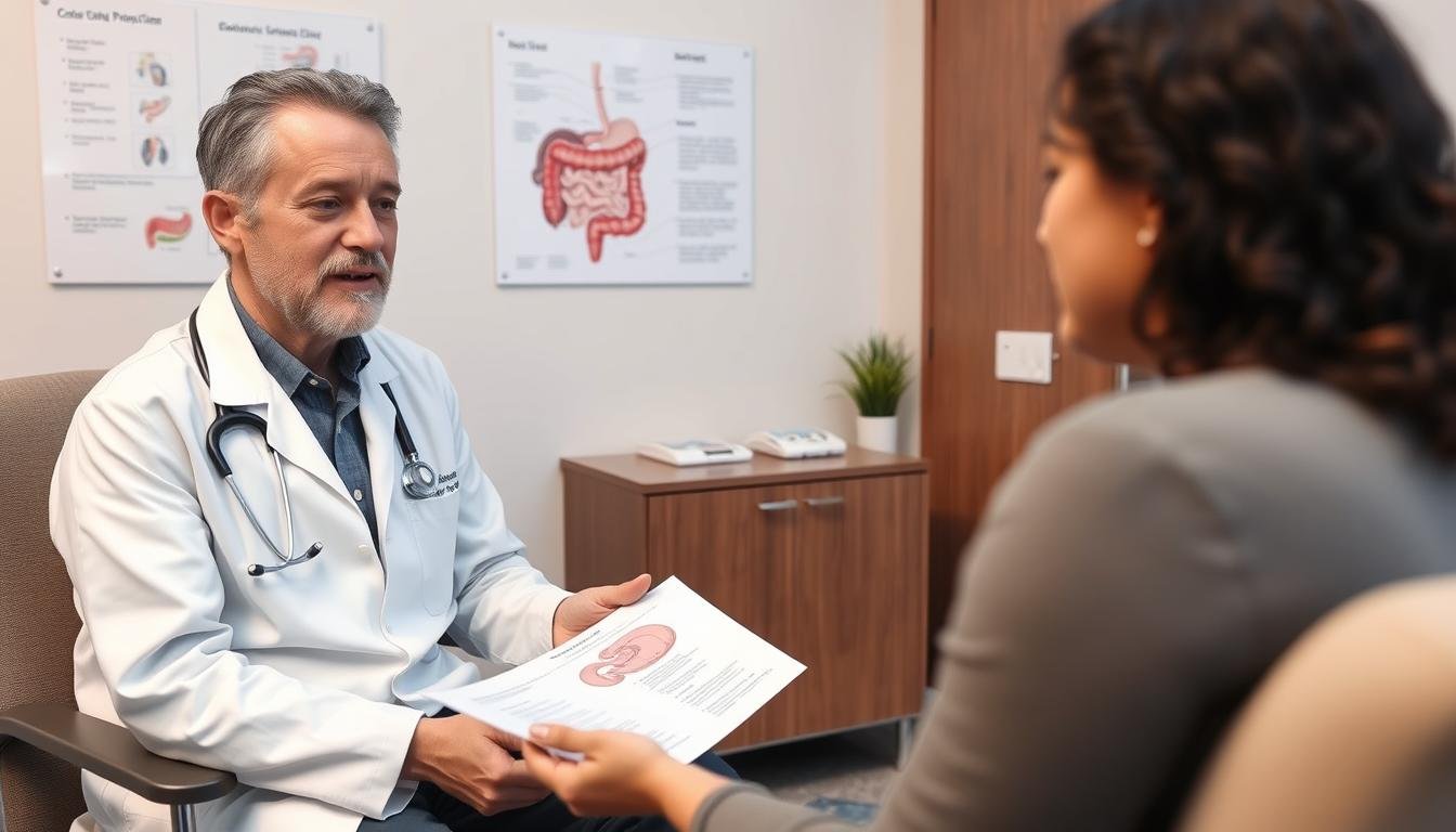 Medical professional discussing colonic irrigation risks and benefits with a patient
