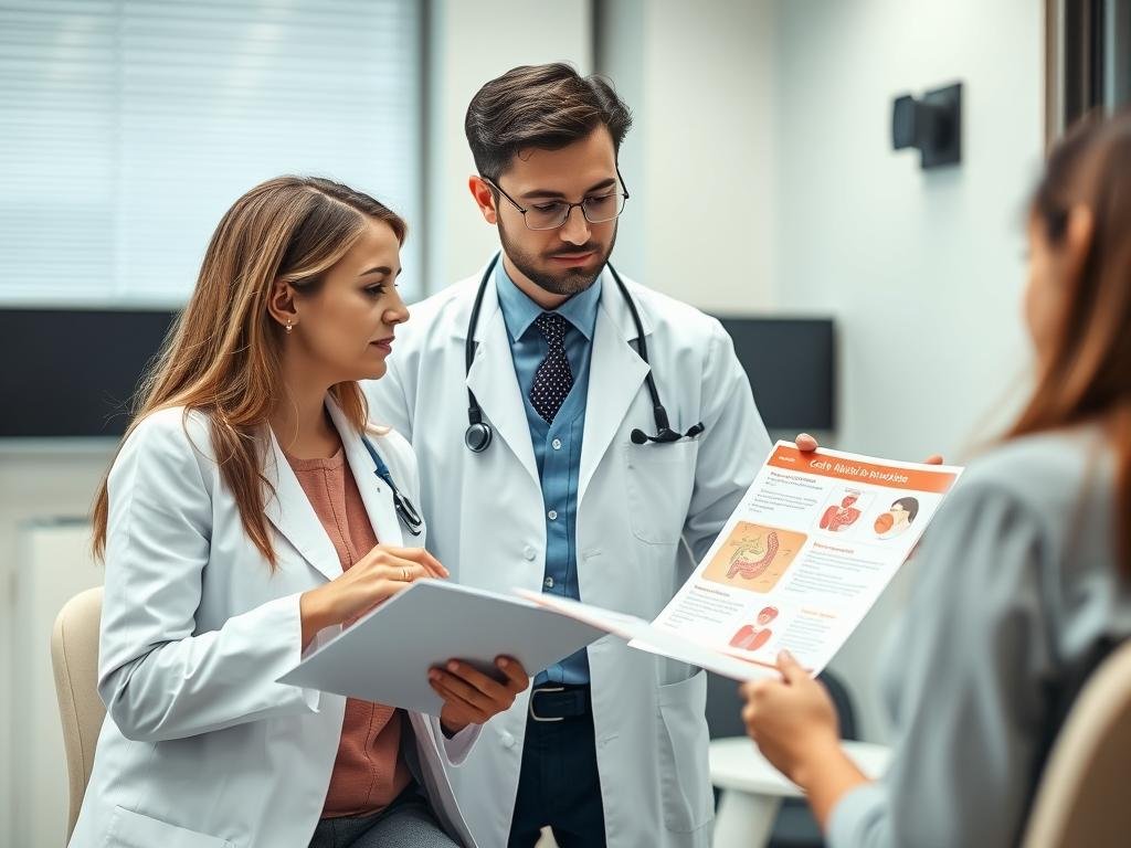 Medical professional discussing potential risks of colon hydrotherapy with a patient Medical professional discussing potential risks of colon hydrotherapy with a patient