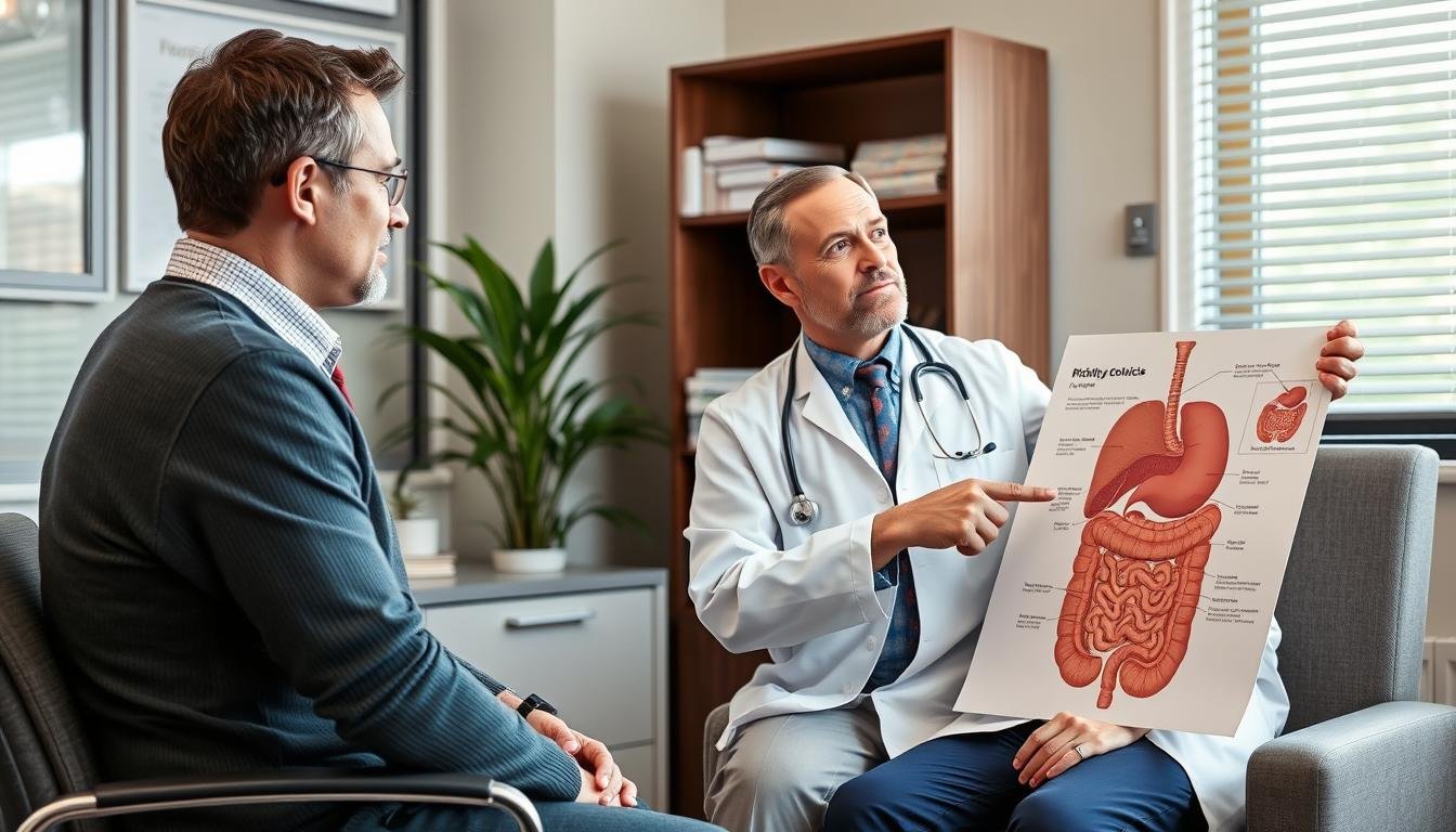 Medical professional explaining the risks of colonics to a patient Medical professional explaining the risks of colonics to a patient