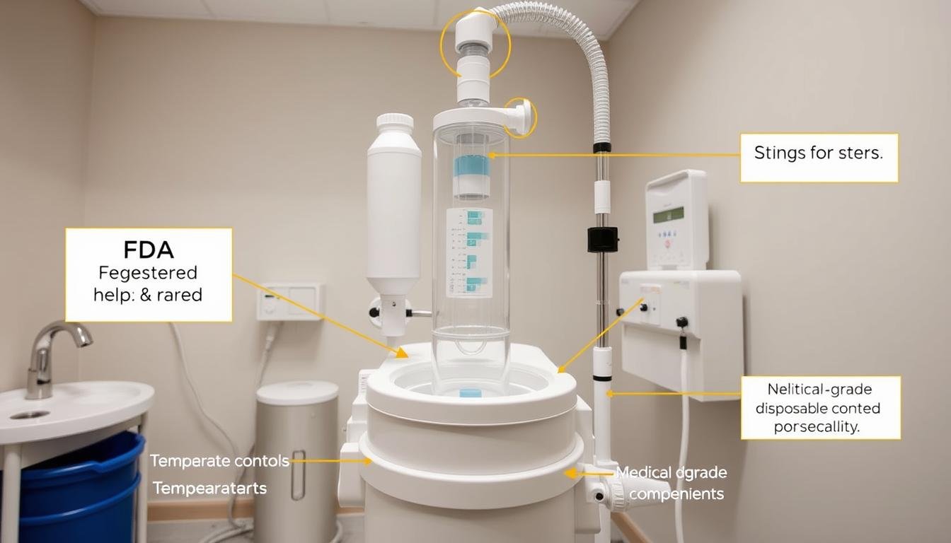 Modern FDA-registered colon hydrotherapy equipment with safety features highlighted Modern FDA-registered colon hydrotherapy equipment with safety features highlighted