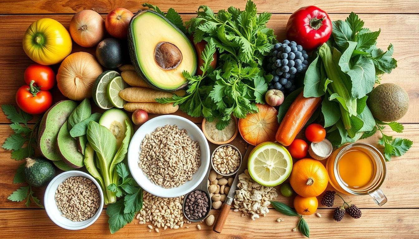 Natural foods that support colon health including fiber-rich fruits and vegetables