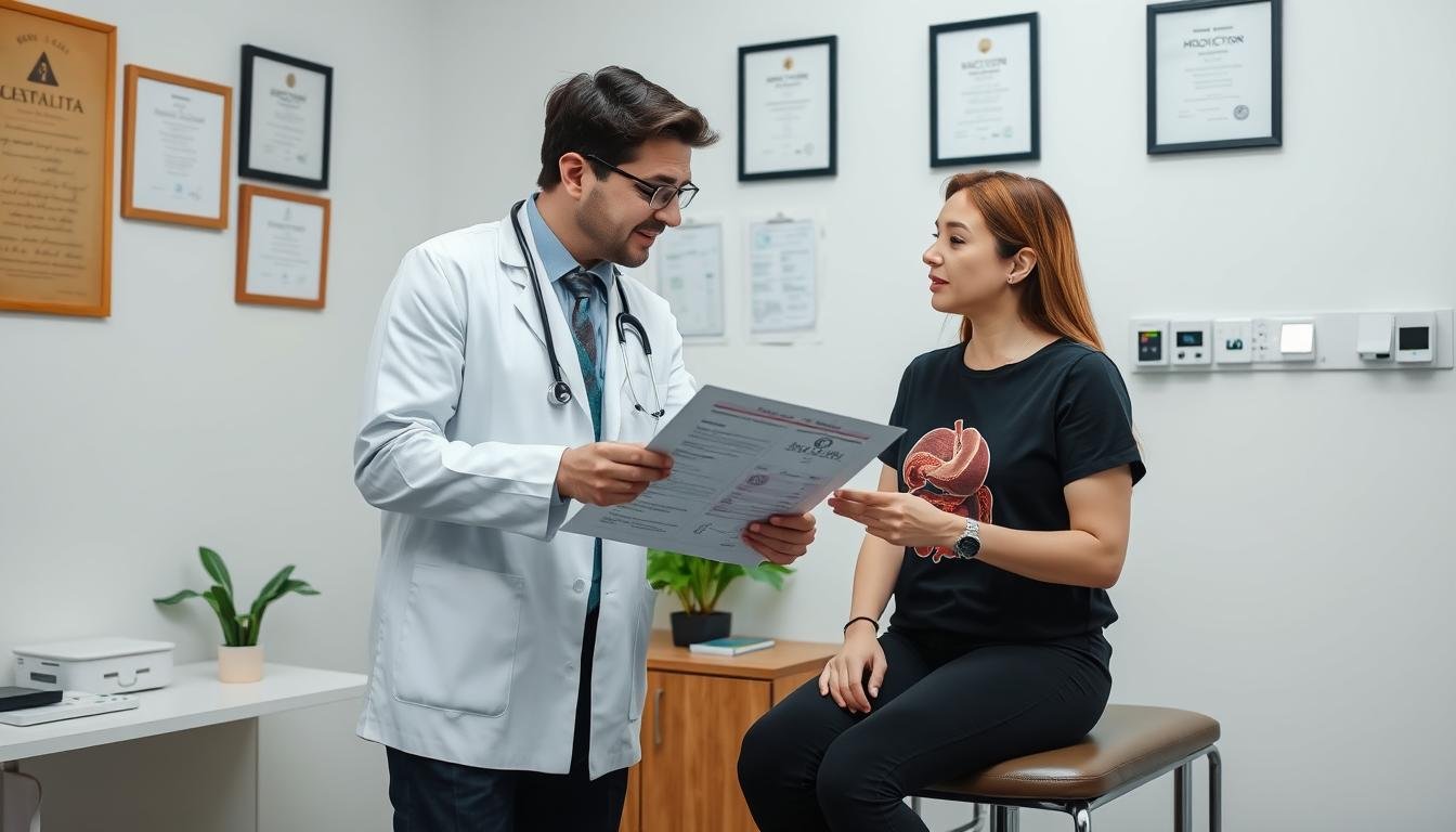 Patient consulting with healthcare provider about colon hydrotherapy Patient consulting with healthcare provider about colon hydrotherapy