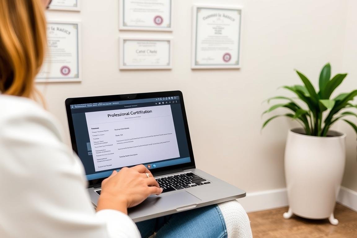 Person checking certification credentials of a colon hydrotherapist online Person checking certification credentials of a colon hydrotherapist online