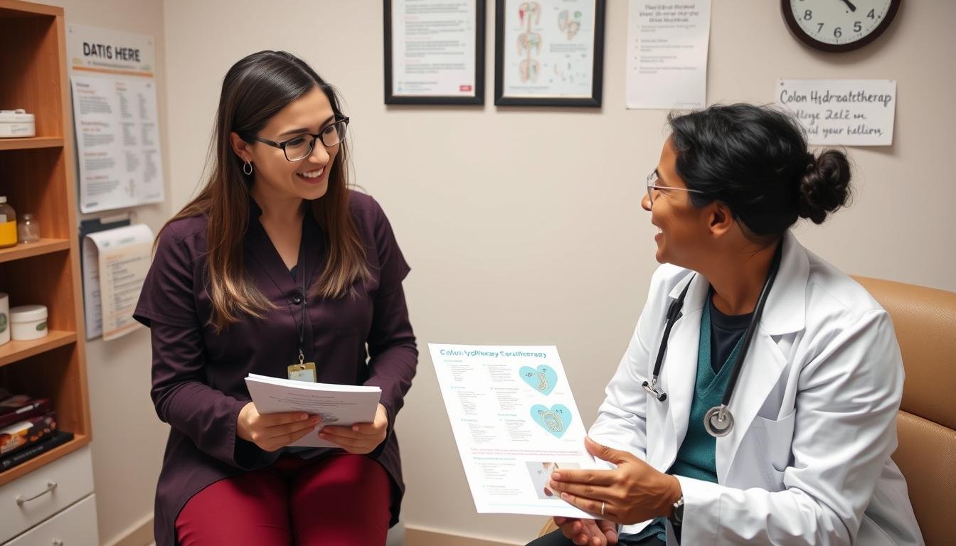 Person consulting with healthcare professional about colon hydrotherapy