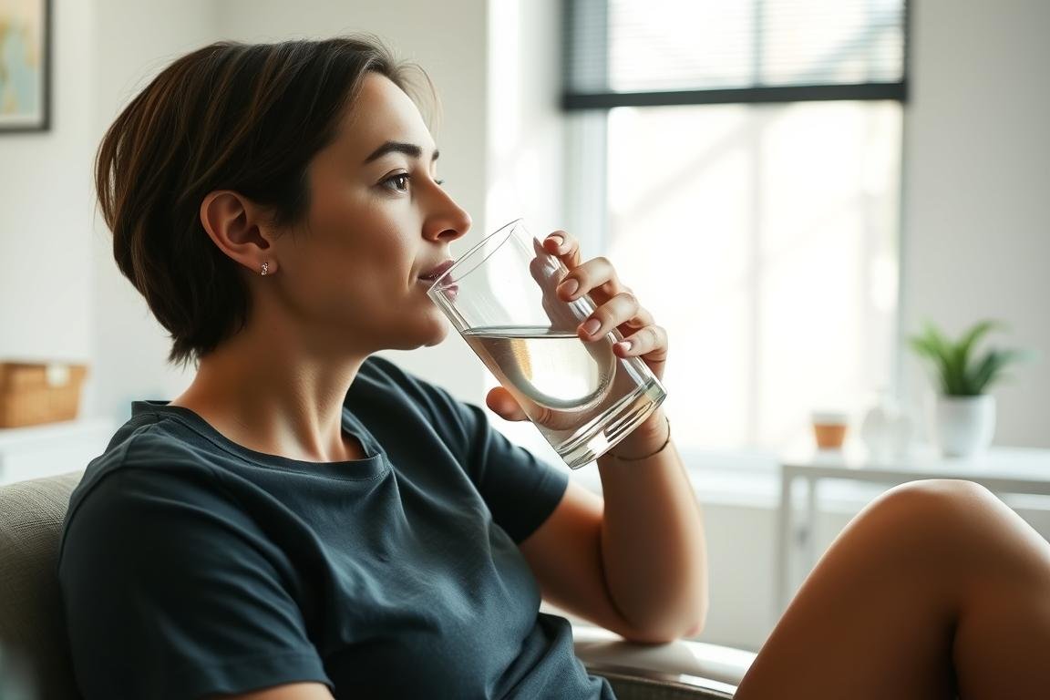 Person drinking water after colon hydrotherapy session Person drinking water after colon hydrotherapy session