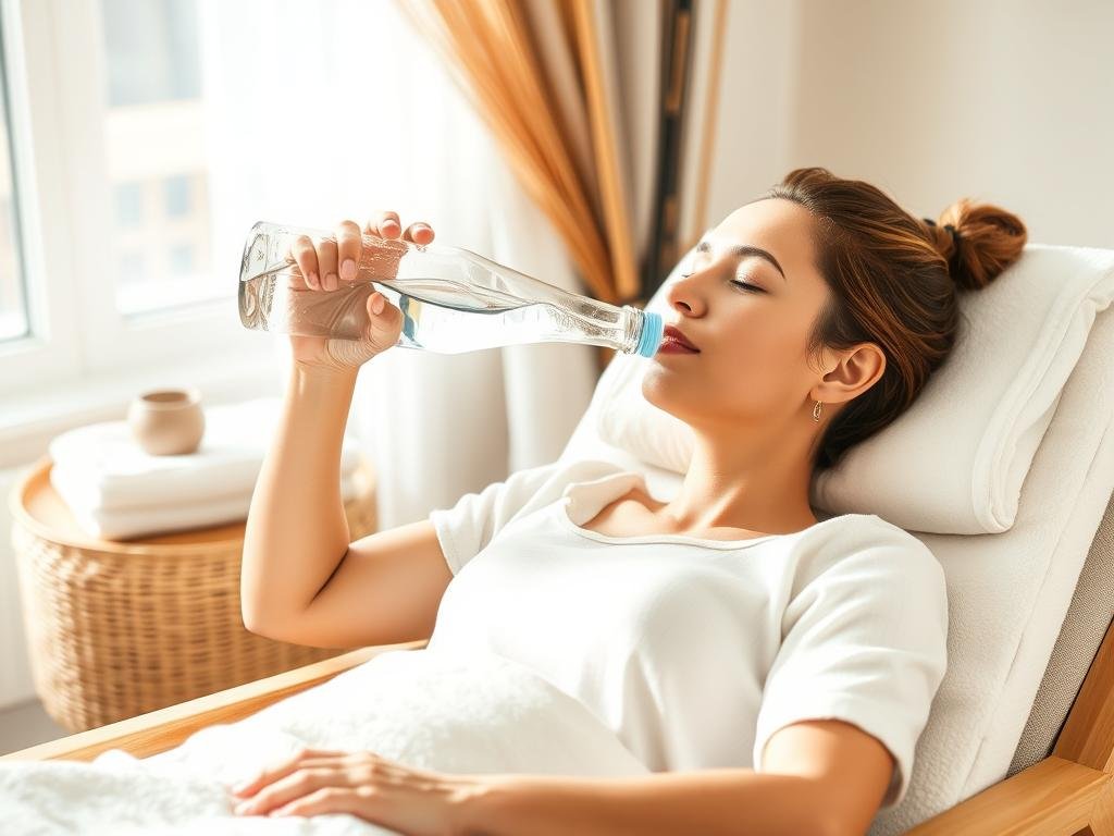Person drinking water and relaxing after a colon hydrotherapy session Person drinking water and relaxing after a colon hydrotherapy session