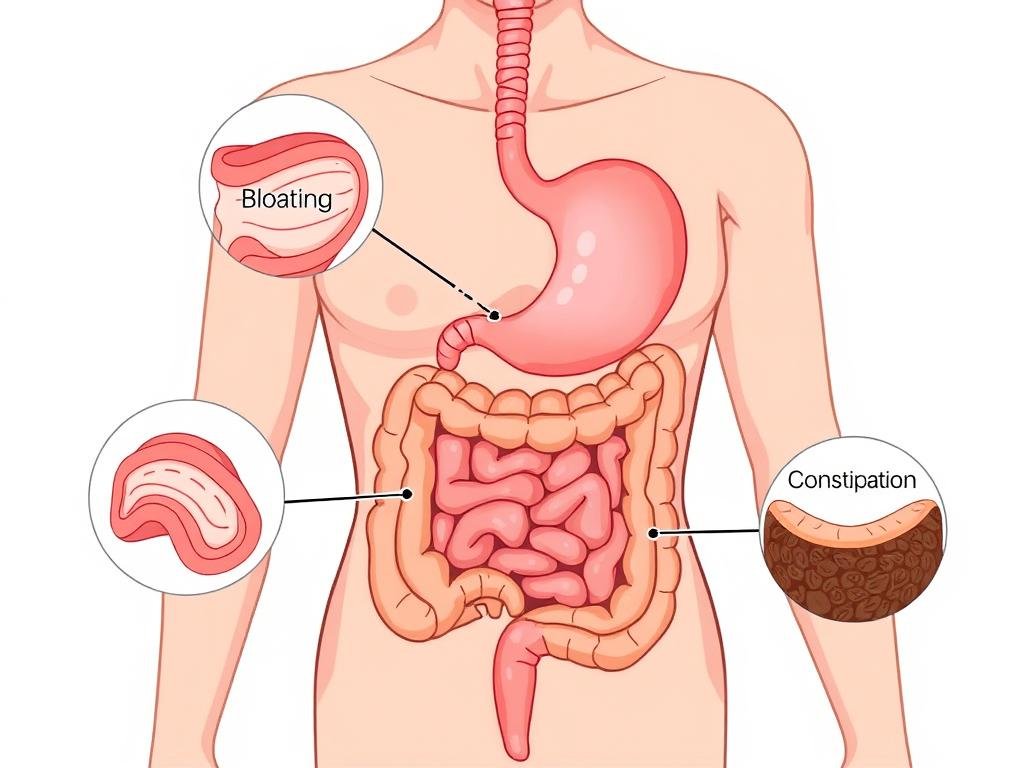 Person experiencing digestive discomfort with visual representation of bloating and constipation Person experiencing digestive discomfort with visual representation of bloating and constipation
