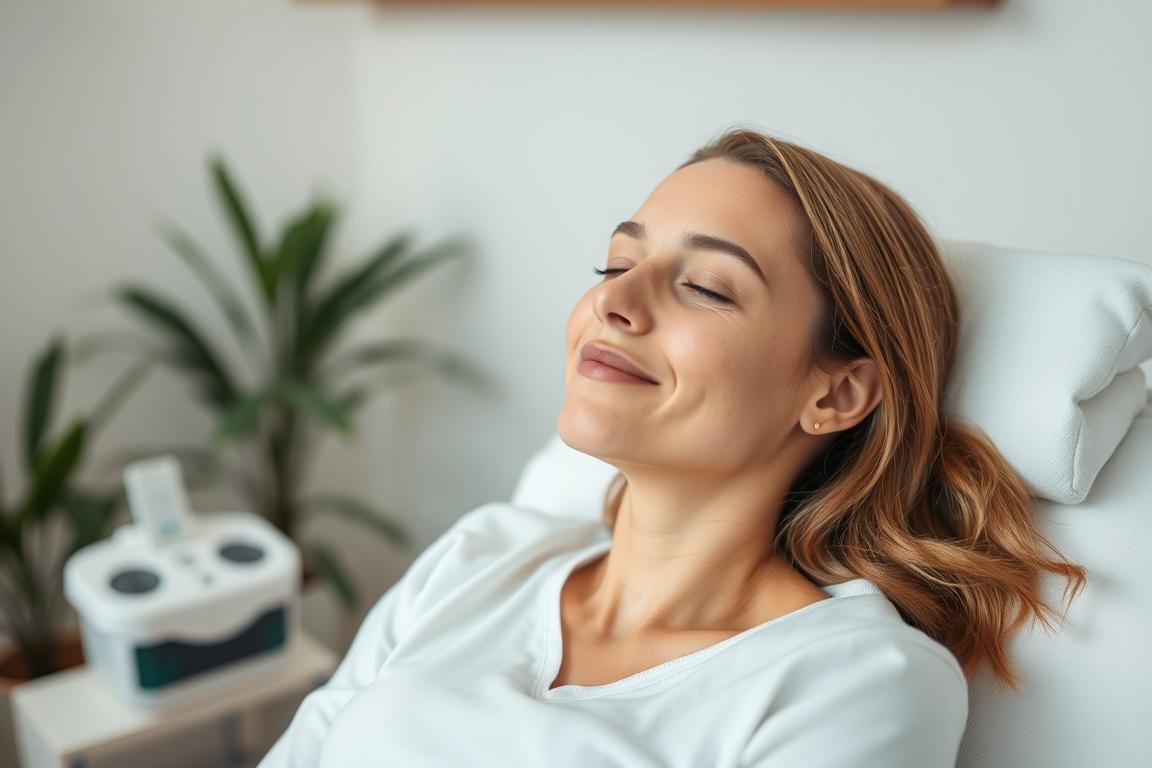 Person feeling relief after colonic treatment Person feeling relief after colonic treatment