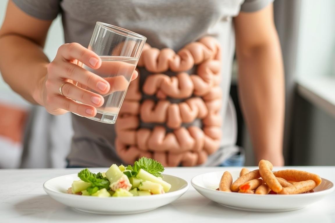 Person preparing for a colonic by drinking water and eating light foods Person preparing for a colonic by drinking water and eating light foods