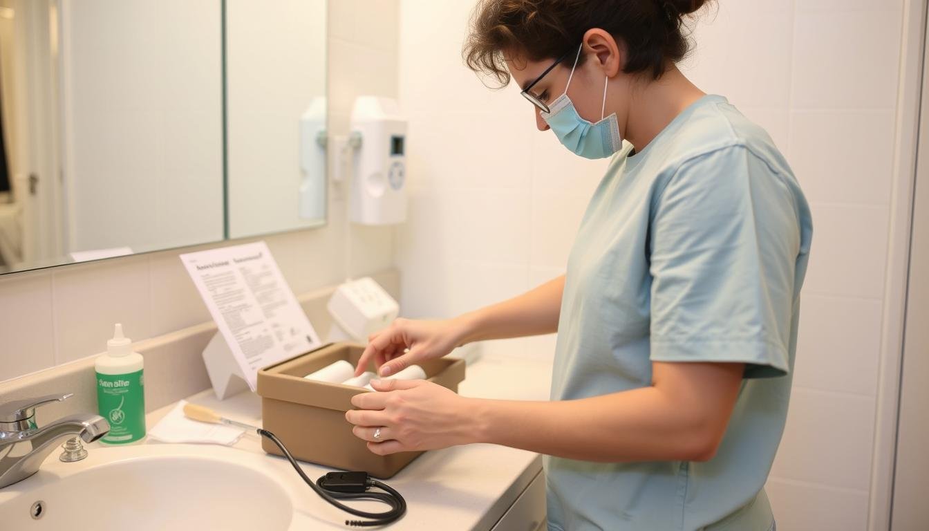 Person preparing home colonic equipment in bathroom setting