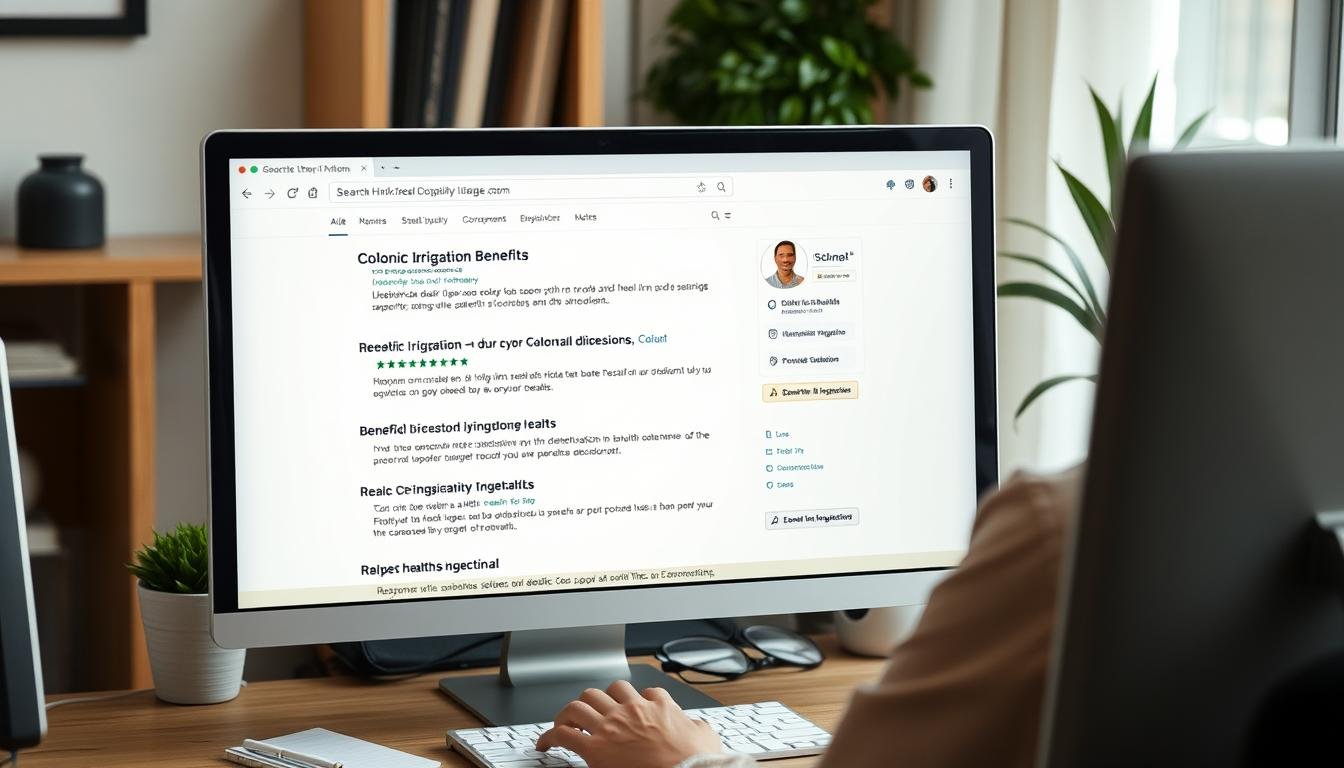 Person researching colonic irrigation information on computer