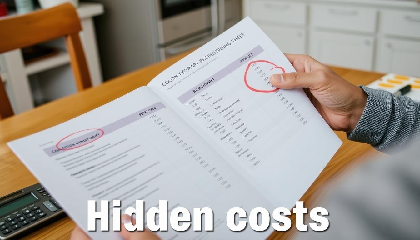 Person reviewing colon hydrotherapy pricing details with additional fees highlighted