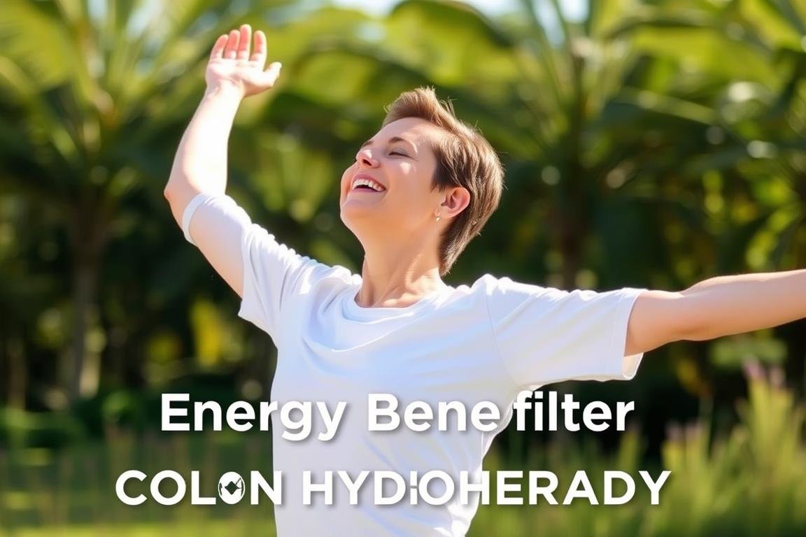 Person showing improved energy and wellbeing after colon hydrotherapy session Person showing improved energy and wellbeing after colon hydrotherapy session