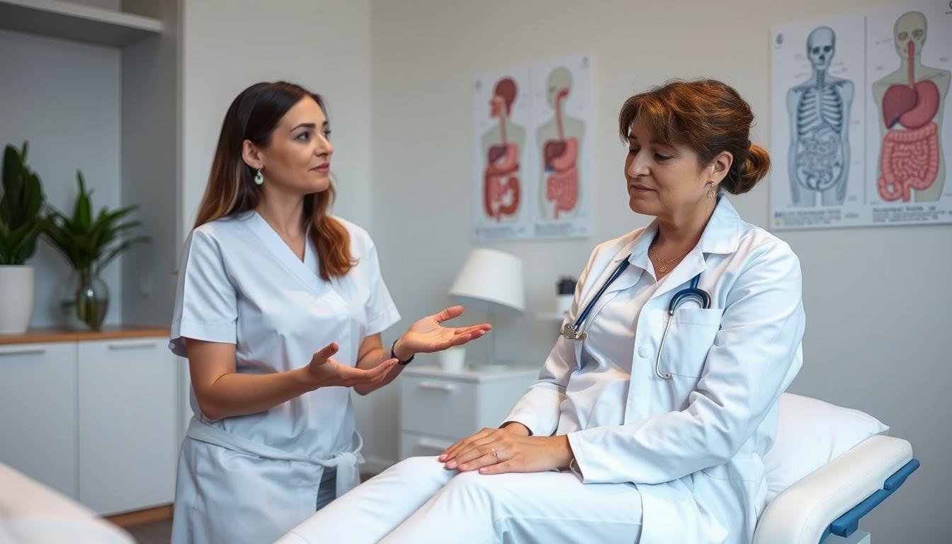Colon Hydrotherapist: Professional Guide to Colonic Irrigation 1 Professional colon hydrotherapist explaining procedure to client in a clean, clinical setting