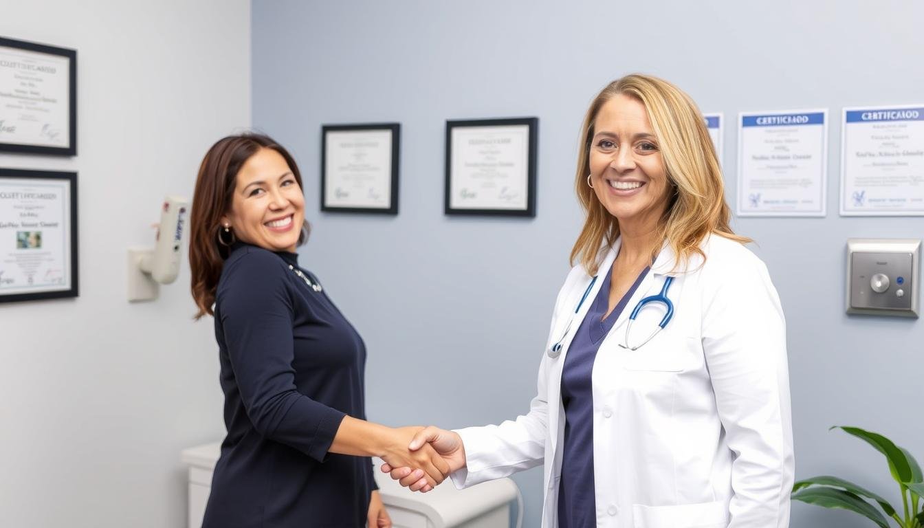 Satisfied client shaking hands with certified colon hydrotherapist after successful treatment Satisfied client shaking hands with certified colon hydrotherapist after successful treatment