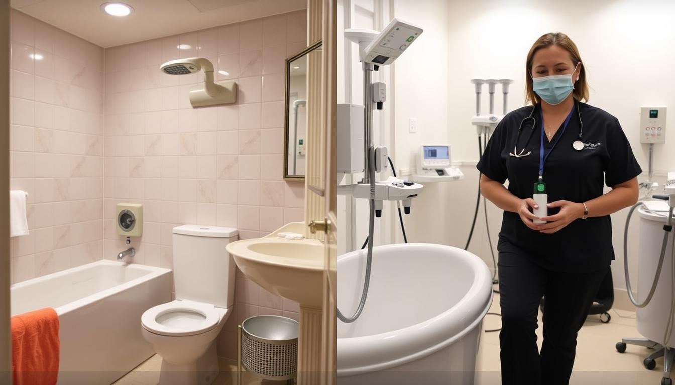 Split image comparing home colon hydrotherapy with professional clinic session
