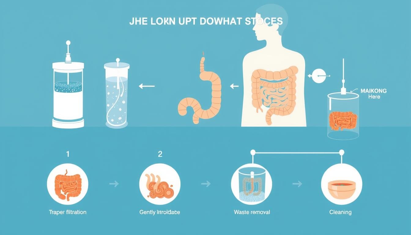 Step-by-step illustration of colonic hydrotherapy process using MAIKONG machine