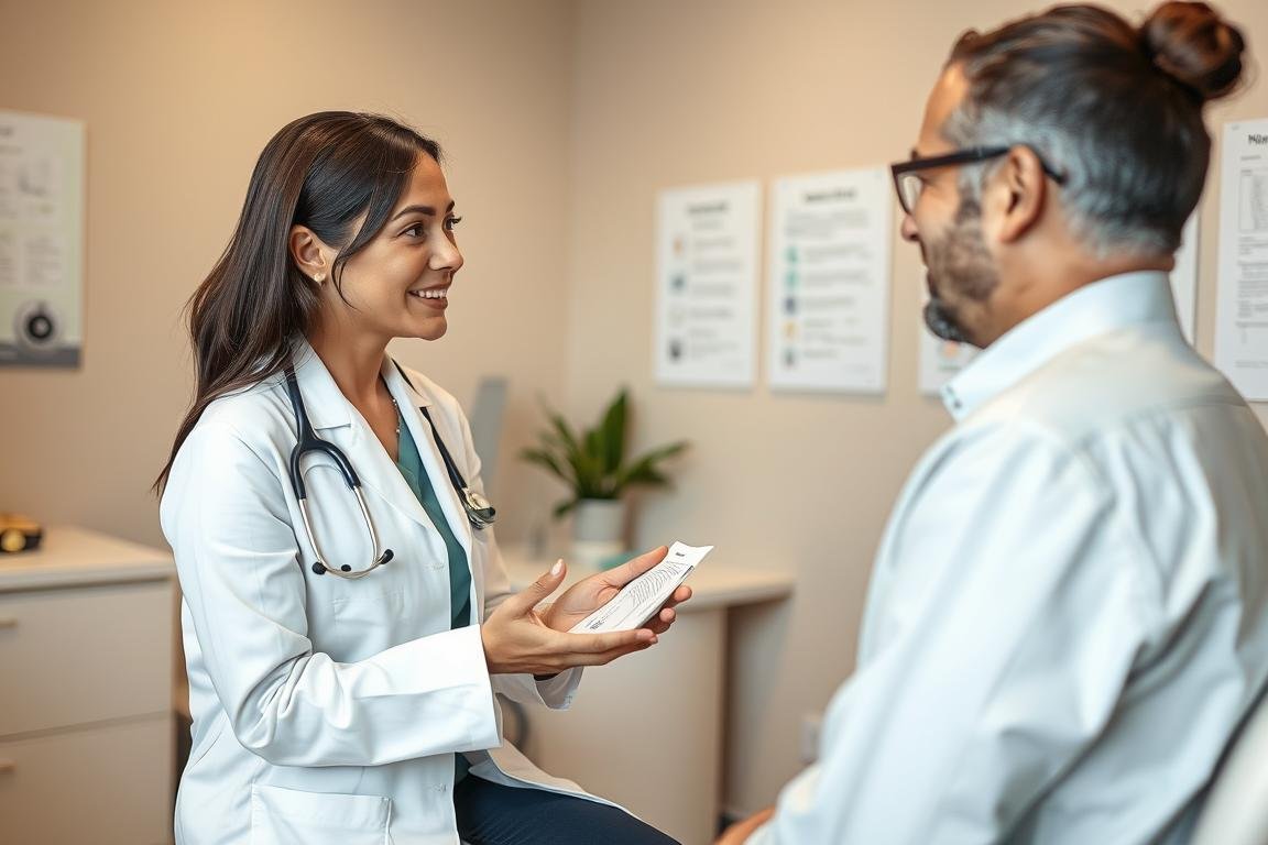 Therapist explaining colon hydrotherapy procedure to a client Therapist explaining colon hydrotherapy procedure to a client