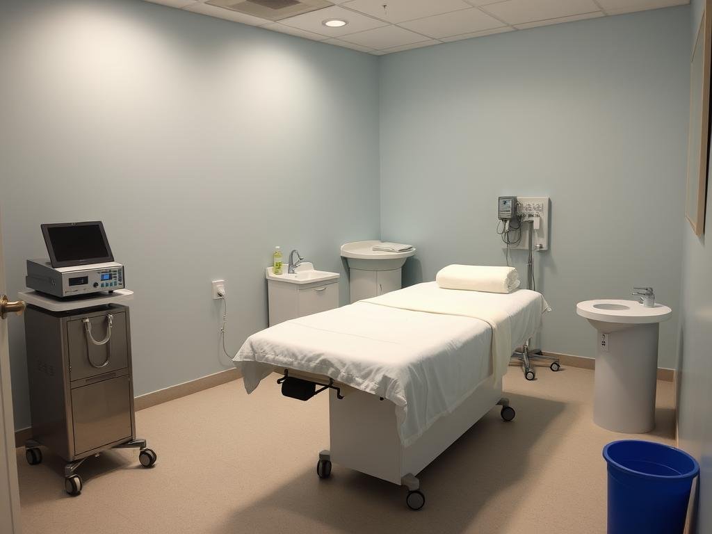 Treatment room setup for colon hydrotherapy showing the table and equipment Treatment room setup for colon hydrotherapy showing the table and equipment
