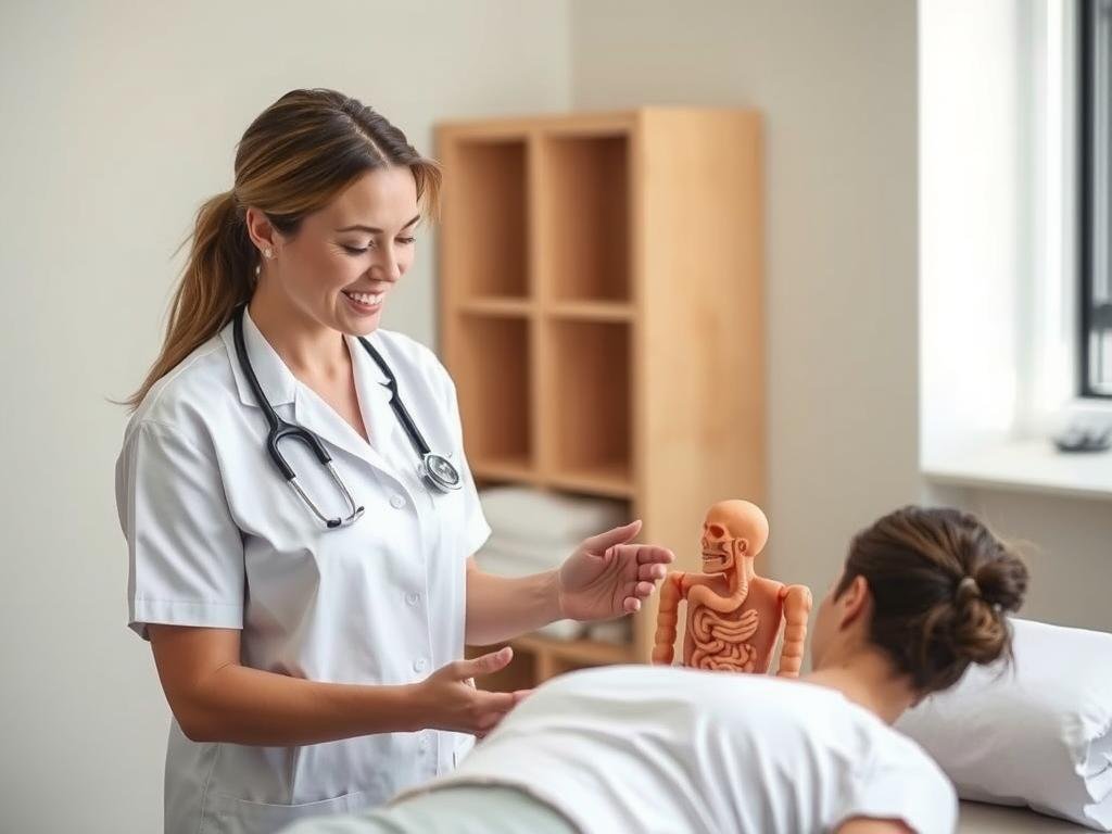 A colonic hydrotherapist explaining the procedure to a client
