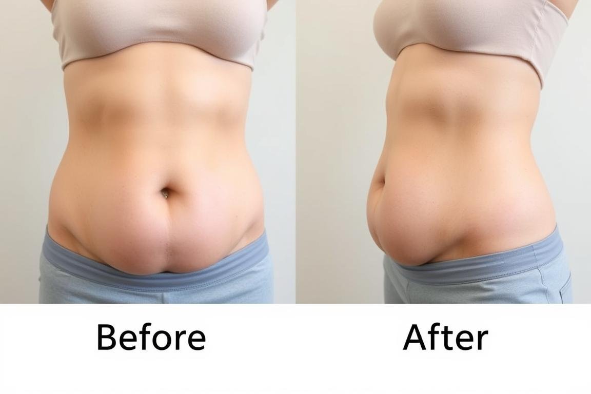 Before and after comparison showing reduced abdominal bloating following colon hydrotherapy