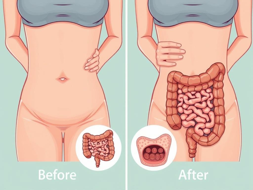 Before and after comparison showing reduced bloating after colon cleansing Before and after comparison showing reduced bloating after colon cleansing