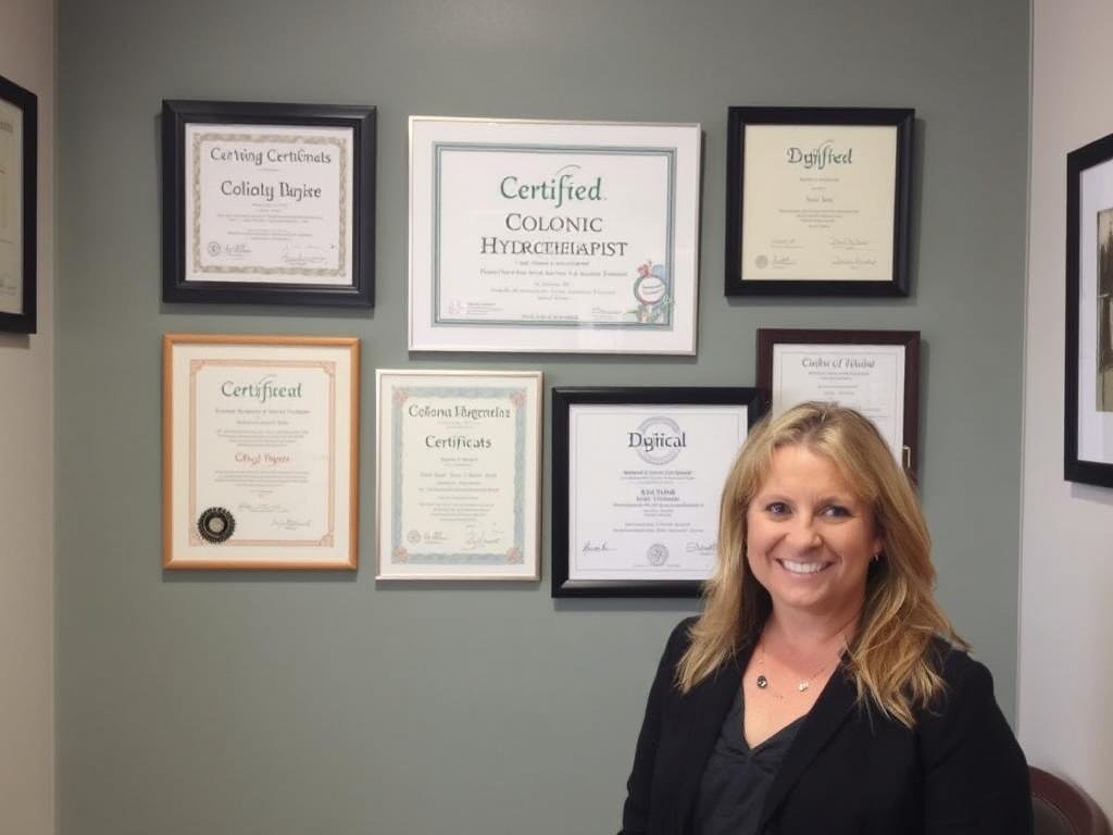 Certified colonic hydrotherapist displaying professional credentials