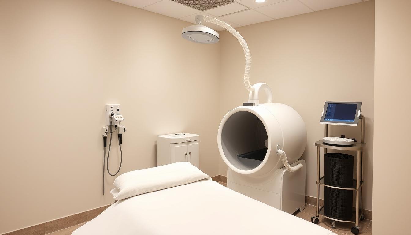 Colon hydrotherapy equipment showing treatment table and specialized device
